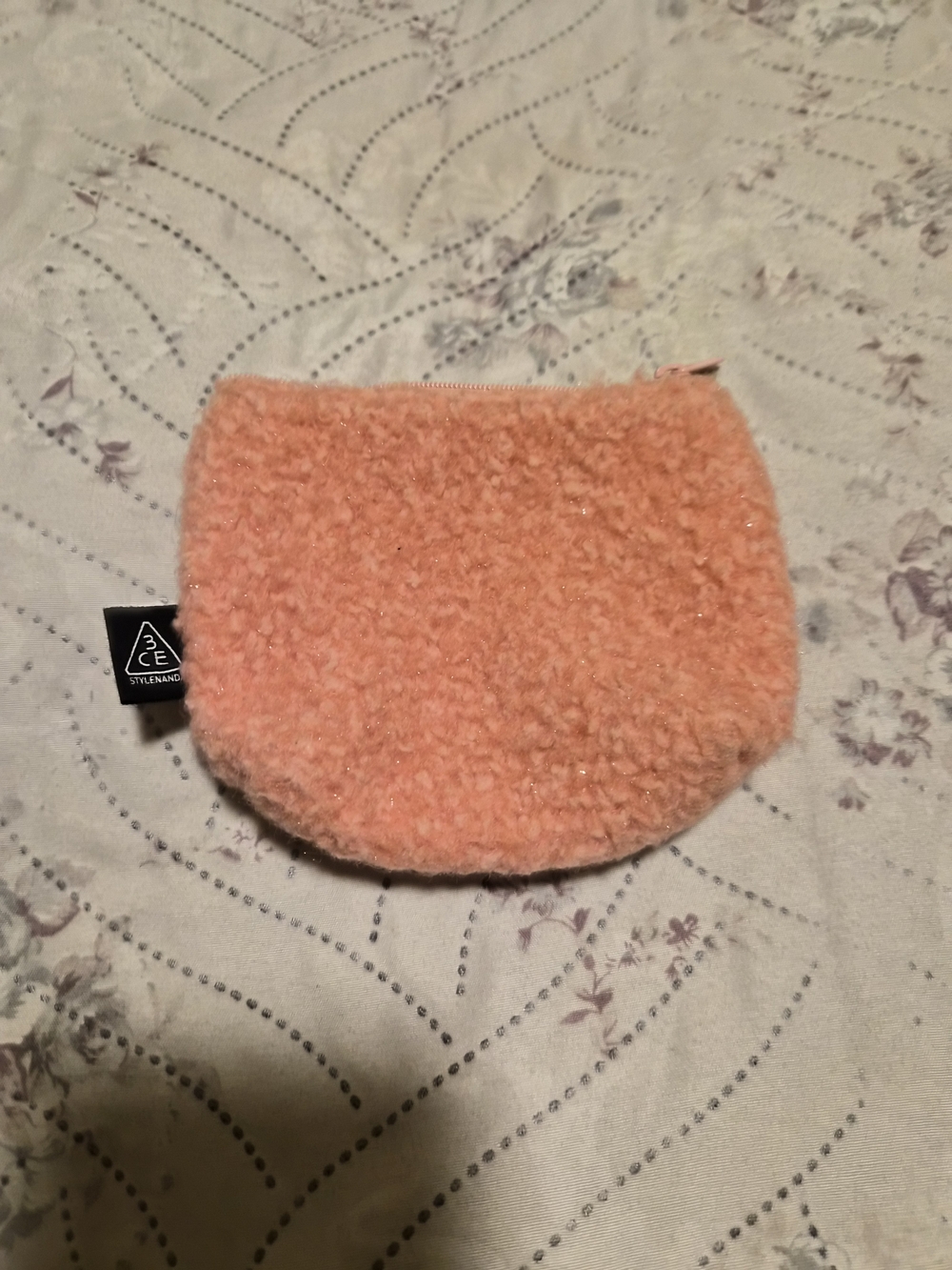3CE Pink Peach Sherpa Zipper Coin / Lipstick Pouch